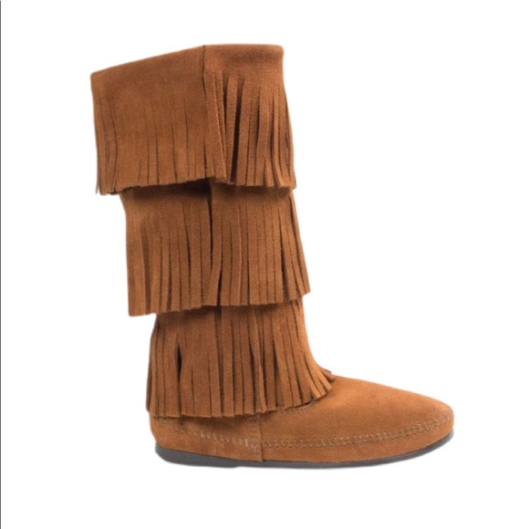 MINNETONKA Suede 3 Layer Fringe Moccasin High Boot - Picture 1 of 1